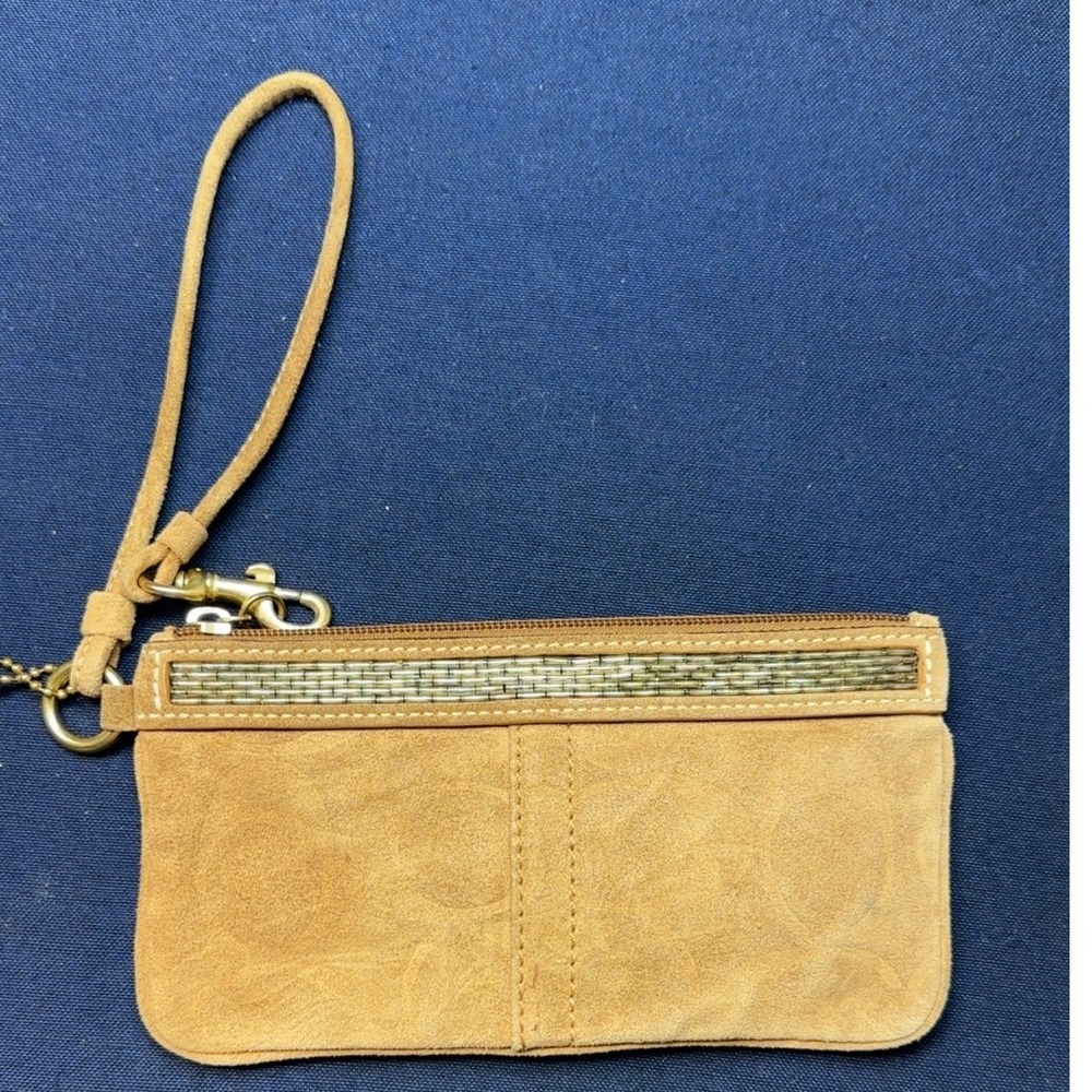 Coach | Tan Suede Signature C Beaded Wristlet Wallet Clutch Tan Brass Hardware